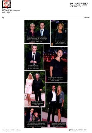 Date : 30 SEPT/06 OCT 15
Pays : France
Périodicité : Hebdomadaire
OJD : 167074
Page de l'article : p.72-73
Journaliste : J.-C.L.
Page 1/2
TRIBALART 5582735400508Tous droits réservés à l'éditeur
Quelle
SOIREE
L'ancienne miss France ,
2000, Sonia Rolland.
LA CAUSE DES
ARTS PREMIERS
Après une première édition réussie en 2013, les Amis
du musée du quaiBranly ont organisé leur deuxième
dîner de gala pour lever des fonds au profit des collec-
tions de cet établissement dédié aux arts et civilisations
d'Afrique, d'Asie, d'OcéanieetdesAmériques. Ils étaient
cette année près de 350, amateurs, collectionneurs, pas-
sionnés d'arts premiers à répondre à l'invitation de
Stéphane Martin, président du musée du quai Branly, et
de Lionel Zinsou, président de la société des Amis, à la
veille de l'inauguration du salon Parcours des mondes.
Les fonds récoltés ont permis d'enrichir les collections et
notamment la diversité des arts de la Côte d'Ivoire grâce
à l'acquisition d'un masque Attié du XIXe
siècle, en bois
polychrome, qui fut la possession de célèbres amateurs
tels Roger Bédiat puis Hubert Goldet. Une pièce d'intérêt
majeur. Par J.-C. L. Photos Julio Piatti
L'artiste Fabrice Hyber et sa
galeriste Nathalie Obadia.
 