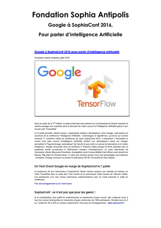 Fondation Sophia Antipolis
Google à SophiaConf 2016,
Pour parler d’Intelligence Artificielle
 