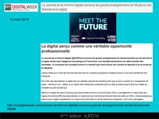 4ème édition 














#JFD16
10 mars 2016
http://mydigitalweek.com/journee-de-femme-digitale-annonce-grands-enseignements-de-letude-femmes-
digital/
 
