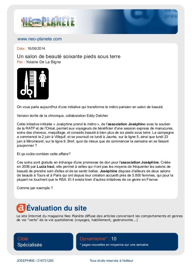 Revue De Presse Josephine Prend Le Métro 2014