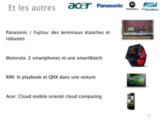 Et les autres

Panasonic / Fujitsu: des terminaux étanches et
robustes


Motorola: 2 smartphones et une smartWatch


RIM: le playbook et QNX dans une voiture


Acer: Cloud mobile orienté cloud computing



                                                 14
 