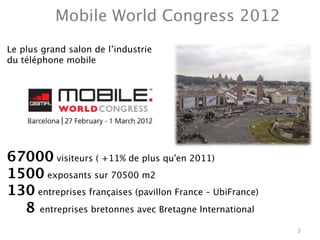 Mobile World Congress 2012
Le plus grand salon de l’industrie
du téléphone mobile




67000 visiteurs ( +11% de plus qu'en 2011)
1500 exposants sur 70500 m2
130 entreprises françaises (pavillon France – UbiFrance)
  8 entreprises bretonnes avec Bretagne International
                                                            3
 