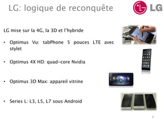 LG: logique de reconquête

LG mise sur la 4G, la 3D et l’hybride

•  Optimus Vu: tabPhone 5 pouces LTE avec
   stylet

•  Optimus 4X HD: quad-core Nvidia



•  Optimus 3D Max: appareil vitrine



•  Series L: L3, L5, L7 sous Android


                                            9
 