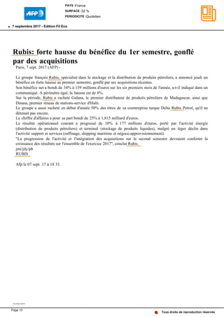 Rubis: forte hausse du bénéfice du 1er semestre, gonflé
par des acquisitions
Paris, 7 sept. 2017 (AFP) -
Le groupe français Rubis, spécialisé dans le stockage et la distribution de produits pétroliers, a annoncé jeudi un
bénéfice en forte hausse au premier semestre, gonflé par ses acquisitions récentes.
Son bénéfice net a bondi de 34% à 139 millions d'euros sur les six premiers mois de l'année, a-t-il indiqué dans un
communiqué. A périmètre égal, la hausse est de 8%.
Sur la période, Rubis a racheté Galana, le premier distributeur de produits pétroliers de Madagascar, ainsi que
Dinasa, premier réseau de stations-service d'Haïti.
Le groupe a aussi racheté en début d'année 50% des titres de sa coentreprise turque Delta Rubis Petrol, qu'il ne
détenait pas encore.
Le chiffre d'affaires a pour sa part bondi de 25% à 1,815 milliard d'euros.
Le résultat opérationnel courant a progressé de 10% à 177 millions d'euros, porté par l'activité énergie
(distribution de produits pétroliers) et terminal (stockage de produits liquides), malgré un léger déclin dans
l'activité support et services (raffinage, shipping maritime et négoce-approvisionnement).
"La progression de l'activité et l'intégration des acquisitions sur le second semestre devraient conforter la
croissance des résultats sur l'ensemble de l'exercice 2017", conclut Rubis.
jmi/jdy/pb
RUBIS
Afp le 07 sept. 17 à 18 33.
TX-PAR-JYP31
Tous droits de reproduction réservés
PAYS :France
SURFACE :32 %
PERIODICITE :Quotidien
7 septembre 2017 - Edition Fil Eco
Page 10
 