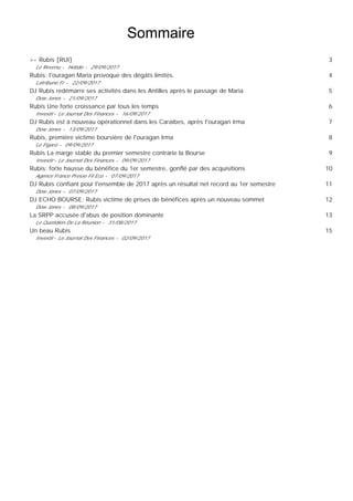 Sommaire
>- Rubis [RUI]
Le Revenu - Hebdo - 29/09/2017
Rubis: l'ouragan Maria provoque des dégâts limités.
Latribune.Fr - 22/09/2017
DJ Rubis redémarre ses activités dans les Antilles après le passage de Maria
Dow Jones - 21/09/2017
Rubis Une forte croissance par tous les temps
Investir-Le Journal Des Finances - 16/09/2017
DJ Rubis est à nouveau opérationnel dans les Caraïbes, après l'ouragan Irma
Dow Jones - 13/09/2017
Rubis, première victime boursière de l'ouragan Irma
Le Figaro - 09/09/2017
Rubis La marge stable du premier semestre contrarie la Bourse
Investir-Le Journal Des Finances - 09/09/2017
Rubis: forte hausse du bénéfice du 1er semestre, gonflé par des acquisitions
Agence France Presse Fil Eco - 07/09/2017
DJ Rubis confiant pour l'ensemble de 2017 après un résultat net record au 1er semestre
Dow Jones - 07/09/2017
DJ ECHO BOURSE: Rubis victime de prises de bénéfices après un nouveau sommet
Dow Jones - 08/09/2017
La SRPP accusée d'abus de position dominante
Le Quotidien De La Réunion - 31/08/2017
Un beau Rubis
Investir-Le Journal Des Finances - 02/09/2017
3
4
5
6
7
8
9
10
11
12
13
15
 