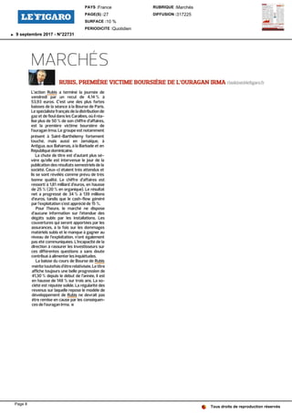 MARCHÉS
RUBIS, PREMIÈRE VICTIME BOURSIÈRE DE L’OURAGAN IRMA rlaskine@lefigaro.fr
L’action Rubis a terminé la journée de
vendredi par un recul de 4,14 % à
53,93 euros. C’est une des plus fortes
baisses de la séance à la Bourse de Paris.
Lespécialiste français dela distribution de
gazet de fioul dansles Caraïbes,où il réa-
lise plus de 50 %de son chiffre d’affaires,
est la première victime boursière de
l’ouragan Irma.Le groupe est notamment
présent à Saint-Barthélemy fortement
touché, mais aussi en Jamaïque, à
Antigua, aux Bahamas, à la Barbade et en
République dominicaine.
La chute de titre est d’autant plus sé-
vère qu’elle est intervenue le jour de la
publication desrésultats semestriels de la
société. Ceux-ci étaient très attendus et
ils se sont révélés comme prévu de très
bonne qualité. Le chiffre d’affaires est
ressorti à 1,81milliard d’euros, en hausse
de 25 % (20 % en organique). Le résultat
net a progressé de 34 % à 139 millions
d’euros, tandis que le cash-flow généré
par l’exploitation s’est apprécié de15%.
Pour l’heure, le marché ne dispose
d’aucune information sur l’étendue des
dégâts subis par les installations. Les
couvertures qui seront apportées par les
assurances, à la fois sur les dommages
matériels subis et le manque à gagner au
niveau de l’exploitation, n’ont également
pas été communiquées. L’incapacité de la
direction à rassurer les investisseurs sur
ces différentes questions a sans doute
contribué à alimenter les inquiétudes.
La baisse du cours de Bourse de Rubis
mérite toutefois d’être relativisée. Le titre
affiche toujours une belle progression de
41,30 % depuis le début de l’année, il est
en hausse de 148 % sur trois ans. La so-
ciété est réputée solide. Larégularité des
revenus sur laquelle repose le modèle de
développement de Rubis ne devrait pas
être remise en cause par les conséquen-
ces de l’ouragan Irma.
Tous droits de reproduction réservés
PAYS :France
PAGE(S) :27
SURFACE :10 %
PERIODICITE :Quotidien
RUBRIQUE :Marchés
DIFFUSION :317225
9 septembre 2017 - N°22731
Page 8
 