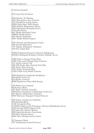 LISTE DES TABLEAUX Universit´e Nangui Abrogoua Cote D’ivoire
IS Interim Standard
L
LTE Long Term Evolution
M
M2M Machine To Machine
MAN Metropolitan Area Network
MCS Modulation coding scheme
MIMO Multi Input Multi Output
MME Mobility Management Entity
MMS Multimedia Messaging Service
MS Mobile Station
MSC Mobile Switching Centre
MSISDN Mobile Station
MTS Mobile TeleSystem
MWC Mobile World Congress
N
NMC Network and Management Centre
NSS Network SubSystem
NTT Nippon Telegraph & Telephone
NTR Non Temps Reel
O
OFDM Orthogonal Frequency Division Multiplexing
OFDMA Orthogonal Frequency Division Multiple Access
P
PAPR Peak-to-Average Power Ratio
PCRF Policy and Charging Rules Function
PCU Packet Control Unit
PDN GW Packet Data Network Gate-Way
PDP Packet Data Protocol
PGW Packet Switch-GetWay
PLMN Public Land Mobile Network
Q
QAM Quadrature Amplitude Modulation
QdS Qualit´e de Service
QoS Quality of Service
QPSK Quadrature Phase Shift Keying
R
RAN Radio Acces Network
RB Resource Block
RNC Radio Network Controller
RNIS R´eseau Num´erique `a Int´egration de Services
RTC R´eseau T´el´ephonique Commut´e
RTCP Real-time Transport Control Protocol
S
SAE System Architecture Evolution
SB Scheduling Block
S-GW Serving-Get Way
SC-FDMA Single Carrier-Frenquency Division Multiplexing Access
SGSN Serving GPRS Support Node
SIM Subscriber Identity Module
SINR Signal Interference Noise Ratio
SMS Short Message Service
SMSC Short Message Service Center
T
TB Transport Block
TCP Transmission Control Protocol
Memoire de ﬁn d’etude de Master page XIII GI
 
