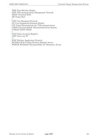 LISTE DES TABLEAUX Universit´e Nangui Abrogoua Cote D’ivoire
TDD Time-Division Duplex
TMN Telecommunications Management Network
TRAN Terrestial RAN
TR Temps Reel
U
UDP User Datagram Protocol
UE User Equipment(Terminal Mobile)
UIT Union Internationale des T´el´ecommunications
UMTS Universal Mobile Telecommunications System
UTRAN UMTS TRAN
V
VLR Visitor Location Register
VoIP Voice over IP
W
WAP Wireless Application Protocol
WCDMA Wide Coding Division Multiple Access
WIMAX Worldwide Interoperability for Microwave Access
Memoire de ﬁn d’etude de Master page XIV GI
 