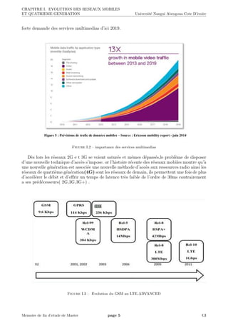 CHAPITRE I. EVOLUTION DES RESEAUX MOBILES
ET QUATRIEME GENERATION Universit´e Nangui Abrogoua Cote D’ivoire
forte demande des services multimedias d’ici 2019.
Figure I.2 – importance des services multimedias
D`es lors les r´eseaux 2G e t 3G se voient satur´es et mˆemes d´epass´es,le probl`eme de disposer
d’une nouvelle technique d’acc`es s’impose. or l’histoire r´ecente des r´eseaux mobiles montre qu’`a
une nouvelle g´en´eration est associ´ee une nouvelle m´ethode d’acc`es aux ressources radio ainsi les
r´eseaux de quatri`eme g´en´eration(4G) sont les r´eseaux de demain, ils permettent une fois de plus
d’acc´el´erer le d´ebit et d’oﬀrir un temps de latence tr`es faible de l’ordre de 30ms contrairement
a ses pr´ed´ecesseurs( 2G,3G,3G+) .
Figure I.3 – Evolution du GSM au LTE-ADVANCED
Memoire de ﬁn d’etude de Master page 5 GI
 