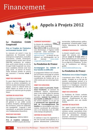Financement

                                                       Appels	à	Projets	2012	


La	 Fondation	                Crédit		       COMMENT	REPONDRE	?	                          territoriales, é tablissements publics,
                                                                                          groupement d’inté rê t public, coopé -
Coopératif	                                  Le dossier de candidature
                                                                                          ratives, laboratoires de recherche
                                             doit ê tre remis avant le	8	
                                                                                          publics).
Prix	 et	 Trophée	 de	 l’Initiative	         Mars	2012	à	10H		de pré fé rence par
en	Economie	Sociale		2012	                   voie é lectronique, à l’agence Cré dit    COMMENT	REPONDRE	?	
                                             Coopé ratif (liste consultable sur
Le concours est ouvert à tous les           www.credit-cooperatif.coop/                  Le dossier complet accom-
organismes de l’é conomie sociale           agences/carte). Le dossier de can-           pagné des annexes sera
(entreprises coopé ratives, mutuelles,      didature est té lé chargeable sur le       adressé avant	 le	 15	 Juin	 2012	 en
associations, comité s d’entreprise,        site        internet       www.credit-       deux exemplaires par voie postale et
entrepreunariat social) ainsi qu’aux         cooperatif.coop/fondation                    par mail aux dé lé gations ré gionales
PME-PMI socié taires de coopé ra-                                                       ou au siè ge de la Fondation. Le dos-
tives, qu’ils soient clients ou non du       La	Fondation	de	France	                      sier de candidature est té lé char-
Groupe Cré dit Coopé ratif. Les struc-                                                  geable                                sur
tures candidates doivent avoir leur          Accompagner	 les	 enfants	 et	               www.fondationdefrance.org.
siè ge social et exercer en France.         leur	famille	en	dif.iculté	
Toute structure primé e ne pourra                                                        La	Fondation	de	France	
pas concourir à nouveau avant	 5	           Le programme Enfance de la Fonda-
ans.	                                        tion de France encourage les actions         Médiation	vers	et	dans	l’emploi	
                                             favorisant une meilleure prise en
                                             considé ration de l’enfant par la so-       L’ajustement entre l’offre et la de-
OBJET	DU	CONCOURS		
                                             cié té comme par son entourage fami-       mande d’emploi ne se fait pas de
Il a pour objet de distinguer des ini-       lial.                                        maniè re automatique surtout si le
tiatives ou actions exemplaires, no-                                                      demandeur est é loigné du marché du
vatrices au plan é conomique, techno-       OBJET	DU	CONCOURS		                          travail et si l’employeur rencontre
logique, social ou culturel mises en                                                      ré guliè rement des dif:iculté s de re-
œuvre depuis au moins un an. Ce              Lutter	 contre	 la	 précarité,	 l’isole-     crutement.
concours ne concerne pas les projets         ment	 l’exclusion, en donnant les
futurs                                       meilleures chances d’é panouisse-           OBJET	DU	CONCOURS		
                                             ment à des enfants dont les parents
                                             font face à des dif:iculté s souvent       La Fondation de France souhaite
CRITERE	DE	SELECTION	
                                             cumulé es, soutenir	 les	 enfants	 et	      encourager des porteurs de projet
Les critè res se reposent sur l’origina-    leur	famille	en	dif.iculté	en initiant       dé sireux d’expé rimenter de nou-
lité (dé marche innovante), son inté -    des actions adapté es au cas par cas        velles approches avec une double
rê t gé né ral et son utilité sociale    et promouvoir	 une	 approche	 glo-           :inalité .	
(cré ation d’emplois, dé veloppement       bale	 de	 l’accompagnement	 des	             CRITERE	DE	SELECTION	
des territoires, action de solidarité ),    familles	en encourageant une inter-
son exemplarité (capacité à ê tre        vention coordonné e de profession-          Cet appel à projet s’adresse à des
reproduite), sa pé rennité (é volution    nels et de bé né voles issus de diffé -   organismes à but non lucratif ou à
vers l’indé pendance :inanciè re).         rents champs disciplinaires.                 vocation sociale, associations d’em-
                                                                                          ployeurs, association d’accompagne-
MONTANT	DES	PRIX	                            CRITERE	DE	SELECTION	                        ment de demandeurs d’emploi,
Prix	régionaux:	1000 €à 5000 €                                                           structure relevant de l’insertion par
                                         Il s’adresse à tous les organismes à           l’activité é conomique.
Prix	 et	 trophées	 nationaux	 :							 but non lucratif (associations) ou à
2000 € à 10 000 € (2 prix dé cerné s) gestion dé sinté ressé e (collectivité s     	



   14																					Revue	de	la	Cress	Martinique	—	Numéro	03/	Février	2012
 