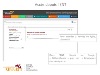 Dans l’ENT, cliquer sur l’onglet
« Bibliothèques » puis sur « Ressources
électroniques ».
Accès depuis l’ENT
Pour accéder à Revues en ligne,
cliquer ici.
 