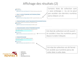Certains états de collection sont
« avec embargo » : ici, on ne peut
pas accéder aux derniers numéros
parus depuis un an.
Affichage des résultats (2)
Cet état de collection est dit ouvert :
on accède à tous les numéros parus
depuis la date indiquée.
Cet état de collection est dit fermé :
on accède aux numéros parus de
cette date à cette date.
 