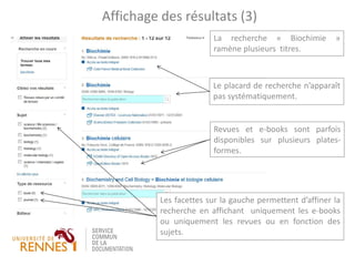 La recherche « Biochimie »
ramène plusieurs titres.
Affichage des résultats (3)
Le placard de recherche n’apparaît
pas systématiquement.
Les facettes sur la gauche permettent d’affiner la
recherche en affichant uniquement les e-books
ou uniquement les revues ou en fonction des
sujets.
Revues et e-books sont parfois
disponibles sur plusieurs plates-
formes.
 
