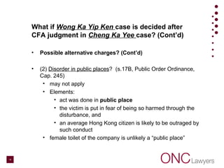 What if Wong Ka Yip Ken case is decided after
CFA judgment in Cheng Ka Yee case? (Cont’d)
• Possible alternative charges? (Cont’d)
• (2) Disorder in public places? (s.17B, Public Order Ordinance,
Cap. 245)
• may not apply
• Elements:
• act was done in public place
• the victim is put in fear of being so harmed through the
disturbance, and
• an average Hong Kong citizen is likely to be outraged by
such conduct
• female toilet of the company is unlikely a “public place”
19
 