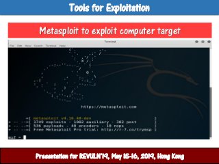 Tools for Exploitation
ศูนย์ปฏิบัติการสานักงานตารวจแห่งชาติPresentation for REVULN’19, May 15-16, 2019, Hong Kong
Metasplo...