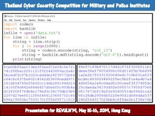 ศูนย์ปฏิบัติการสานักงานตารวจแห่งชาติPresentation for REVULN’19, May 15-16, 2019, Hong Kong
Thailand Cyber Security Competi...