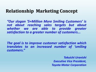 “Our slogan ‘5+Million More Smiling Customers’ is
not about reaching sales targets but about
whether we are able to provide greater
satisfaction to a greater number of customers...
The goal is to improve customer satisfaction which
translates to an increased number of ‘smiling
customers.”
Tokuichi Uranishi
Executive Vice President,
Toyota Motor Corporation
Relationship Marketing Concept
 