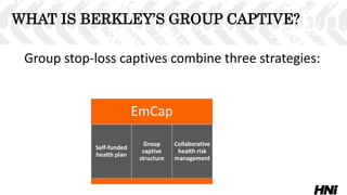 WHAT IS BERKLEY’S GROUP CAPTIVE?
Group stop-loss captives combine three strategies:
EmCap
Self-funded
health plan
Group
captive
structure
Collaborative
health risk
management
 