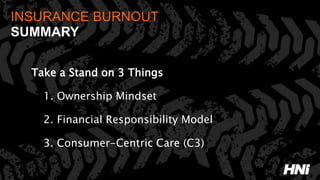 INSURANCE BURNOUT
SUMMARY
Take a Stand on 3 Things
1. Ownership Mindset
2. Financial Responsibility Model
3. Consumer-Centric Care (C3)
 
