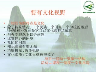 要有文化视野 一切行为的终点是文化 除了特殊情况 , 一个民族一个国家一个学校的落后 \ 困境和不发达是它自己文化选择造成的 与办学理念不切合问题 比赛停办的困境 社团化问题 知识灌输有增无减 消解机制 , 破坏机制 文化素质 \ 文化人格被挤掉了 项目—活动—资源—结构 活动 -- 课程—制度—文化再造 