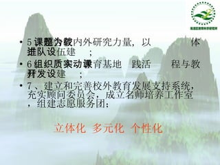 5 、整合校内外研究力量，以课题为载体推进队伍建设； 6 、组织素质教育基地实践活动课程与教材开发建设； 7 、建立和完善校外教育发展支持系统，充实顾问委员会，成立名师培养工作室，组建志愿服务团； 立体化 多元化 个性化 