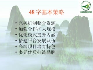 48 字基本策略 完善机制整合资源 加强合作扩大规模 优化模式提升内涵 搭建平台发展队伍 高端项目培育特色 多元优质打造品牌 