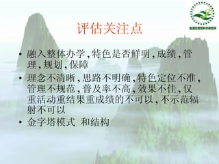 评估关注点 融入整体办学 , 特色是否鲜明 , 成绩 , 管理 , 规划 , 保障 理念不清晰 , 思路不明确 , 特色定位不准 , 管理不规范 , 普及率不高 , 效果不佳 , 仅重活动重结果重成绩的不可以 , 不示范辐射不可以 金字塔模式   和结构 