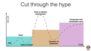 VALUE
TIME
Idea
Need
‘Valley of Death’
Peak of inﬂated 
expectations
Cemetery of 
disillusion
Companies with 
sustainable value
Cut through the hype
 