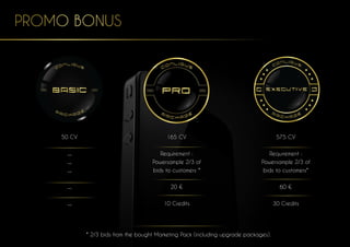 165 CV
Requirement :
Powersample 2/3 of
bids to customers *
20 €
10 Credits
50 CV
...
...
...
...
...
575 CV
Requirement :
Powersample 2/3 of
bids to customers*
60 €
30 Credits
PROMO BONUS
* 2/3 bids from the bought Marketing Pack (including upgrade packages).
 