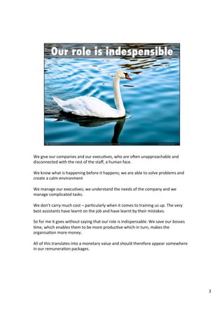 We	
  give	
  our	
  companies	
  and	
  our	
  execu4ves,	
  who	
  are	
  oUen	
  unapproachable	
  and	
  
disconnected	
  with	
  the	
  rest	
  of	
  the	
  staﬀ,	
  a	
  human	
  face.	
  	
  
	
  	
  
We	
  know	
  what	
  is	
  happening	
  before	
  it	
  happens;	
  we	
  are	
  able	
  to	
  solve	
  problems	
  and	
  
create	
  a	
  calm	
  environment	
  
	
  	
  
We	
  manage	
  our	
  execu4ves;	
  we	
  understand	
  the	
  needs	
  of	
  the	
  company	
  and	
  we	
  
manage	
  complicated	
  tasks.	
  	
  
	
  	
  
We	
  don’t	
  carry	
  much	
  cost	
  –	
  par4cularly	
  when	
  it	
  comes	
  to	
  training	
  us	
  up.	
  The	
  very	
  
best	
  assistants	
  have	
  learnt	
  on	
  the	
  job	
  and	
  have	
  learnt	
  by	
  their	
  mistakes.	
  	
  
	
  	
  
So	
  for	
  me	
  it	
  goes	
  without	
  saying	
  that	
  our	
  role	
  is	
  indispensable.	
  We	
  save	
  our	
  bosses	
  
4me,	
  which	
  enables	
  them	
  to	
  be	
  more	
  produc4ve	
  which	
  in	
  turn,	
  makes	
  the	
  
organisa4on	
  more	
  money.	
  	
  
	
  
All	
  of	
  this	
  translates	
  into	
  a	
  monetary	
  value	
  and	
  should	
  therefore	
  appear	
  somewhere	
  
in	
  our	
  remunera4on	
  packages.	
  	
  
	
  
	
  
3	
  
 