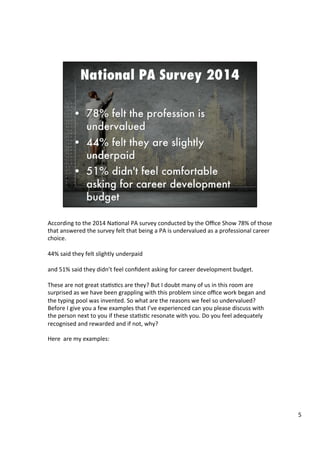 According	
  to	
  the	
  2014	
  Na4onal	
  PA	
  survey	
  conducted	
  by	
  the	
  Oﬃce	
  Show	
  78%	
  of	
  those	
  
that	
  answered	
  the	
  survey	
  felt	
  that	
  being	
  a	
  PA	
  is	
  undervalued	
  as	
  a	
  professional	
  career	
  
choice.	
  	
  
	
  
44%	
  said	
  they	
  felt	
  slightly	
  underpaid	
  	
  
	
  
and	
  51%	
  said	
  they	
  didn’t	
  feel	
  conﬁdent	
  asking	
  for	
  career	
  development	
  budget.	
  	
  
	
  
These	
  are	
  not	
  great	
  sta4s4cs	
  are	
  they?	
  But	
  I	
  doubt	
  many	
  of	
  us	
  in	
  this	
  room	
  are	
  
surprised	
  as	
  we	
  have	
  been	
  grappling	
  with	
  this	
  problem	
  since	
  oﬃce	
  work	
  began	
  and	
  
the	
  typing	
  pool	
  was	
  invented.	
  So	
  what	
  are	
  the	
  reasons	
  we	
  feel	
  so	
  undervalued?	
  
Before	
  I	
  give	
  you	
  a	
  few	
  examples	
  that	
  I’ve	
  experienced	
  can	
  you	
  please	
  discuss	
  with	
  
the	
  person	
  next	
  to	
  you	
  if	
  these	
  sta4s4c	
  resonate	
  with	
  you.	
  Do	
  you	
  feel	
  adequately	
  
recognised	
  and	
  rewarded	
  and	
  if	
  not,	
  why?	
  	
  
	
  
Here	
  	
  are	
  my	
  examples:	
  	
  
5	
  
 