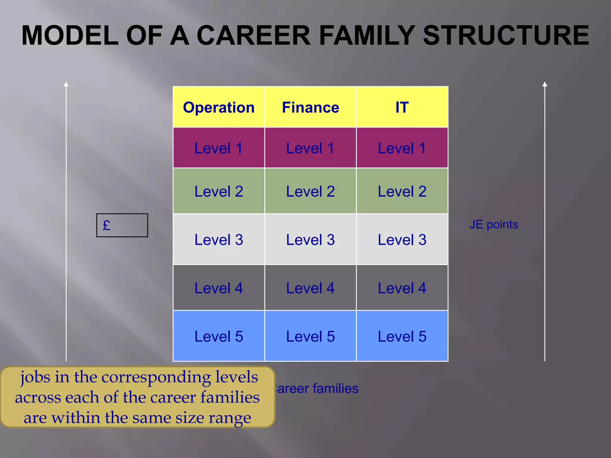 MODEL OF A CAREER FAMILY STRUCTURE
Operation

Finance

IT

Level 1

Level 1

Level 1

Level 2

Level 2

Level 2
JE points

£

Level 3

Level 3

Level 3

Level 4

Level 4

Level 4

Level 5

Level 5

Level 5

jobs in the corresponding levels
across each of the career families
are within the same size range

Career families

 