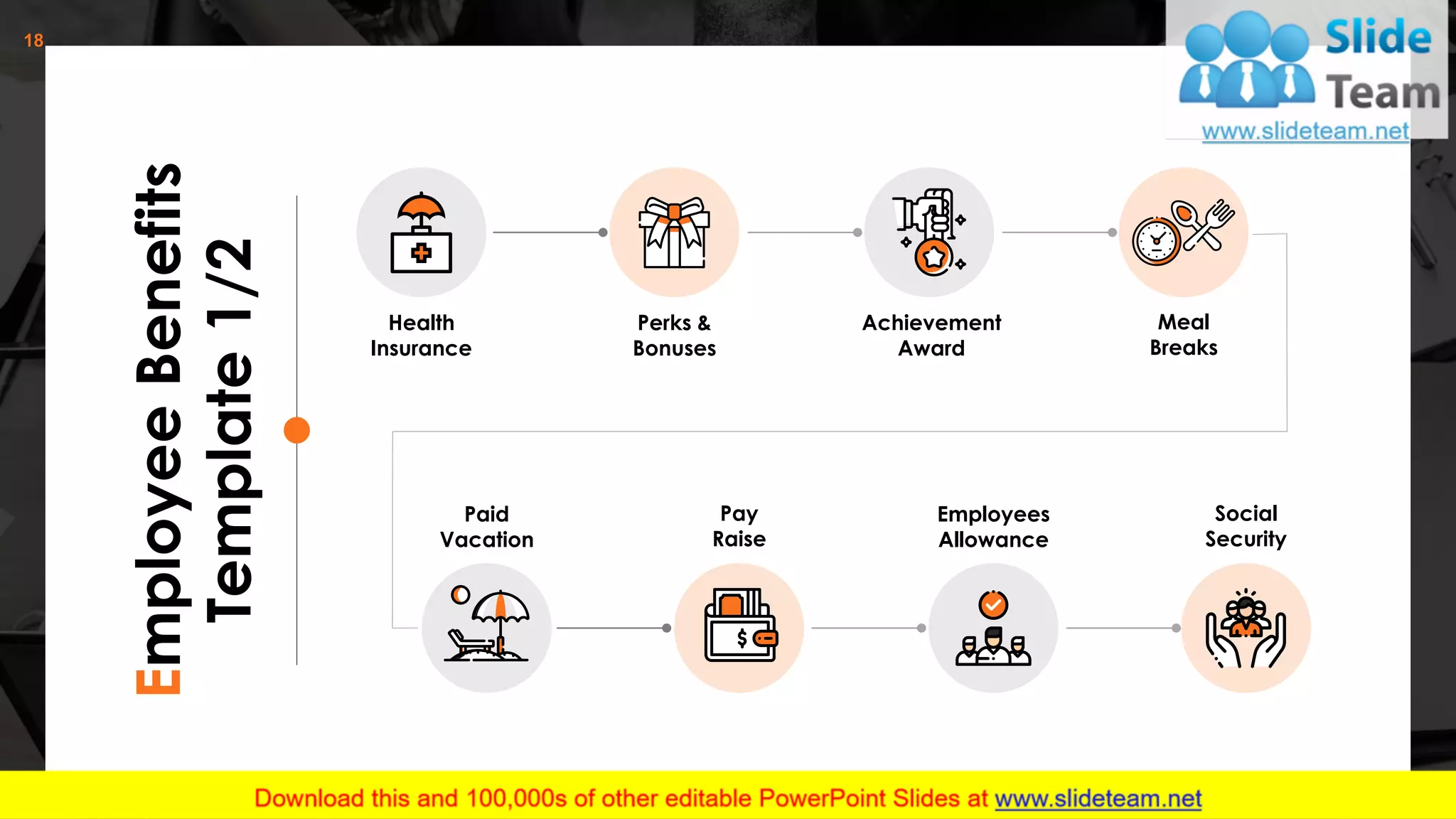 EmployeeBenefits
Template1/2
Health
Insurance
Perks &
Bonuses
Achievement
Award
Meal
Breaks
Paid
Vacation
Pay
Raise
Employees
Allowance
Social
Security
18
 
