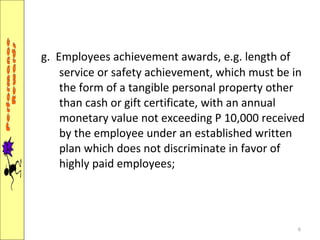 g.  Employees achievement awards, e.g. length of service or safety achievement, which must be in the form of a tangible personal property other than cash or gift certificate, with an annual monetary value not exceeding P 10,000 received by the employee under an established written plan which does not discriminate in favor of highly paid employees; 