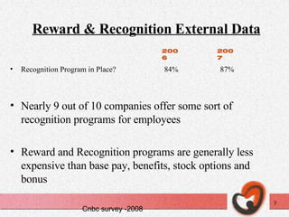 Reward & Recognition External Data Recognition Program in Place?   84%   87% Nearly 9 out of 10 companies offer some sort of recognition programs for employees Reward and Recognition programs are generally less expensive than base pay, benefits, stock options and bonus 2006 2007 Cnbc survey -2008 