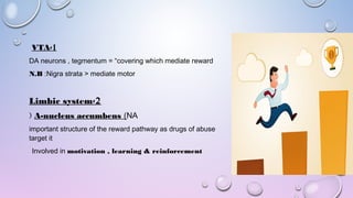 1-VTA
DA neurons , tegmentum = “covering which mediate reward
N.B :Nigra strata > mediate motor
2-Limbic system
A-nucleus accumbens (NA(
important structure of the reward pathway as drugs of abuse
target it
Involved in motivation , learning & reinforcement
 
