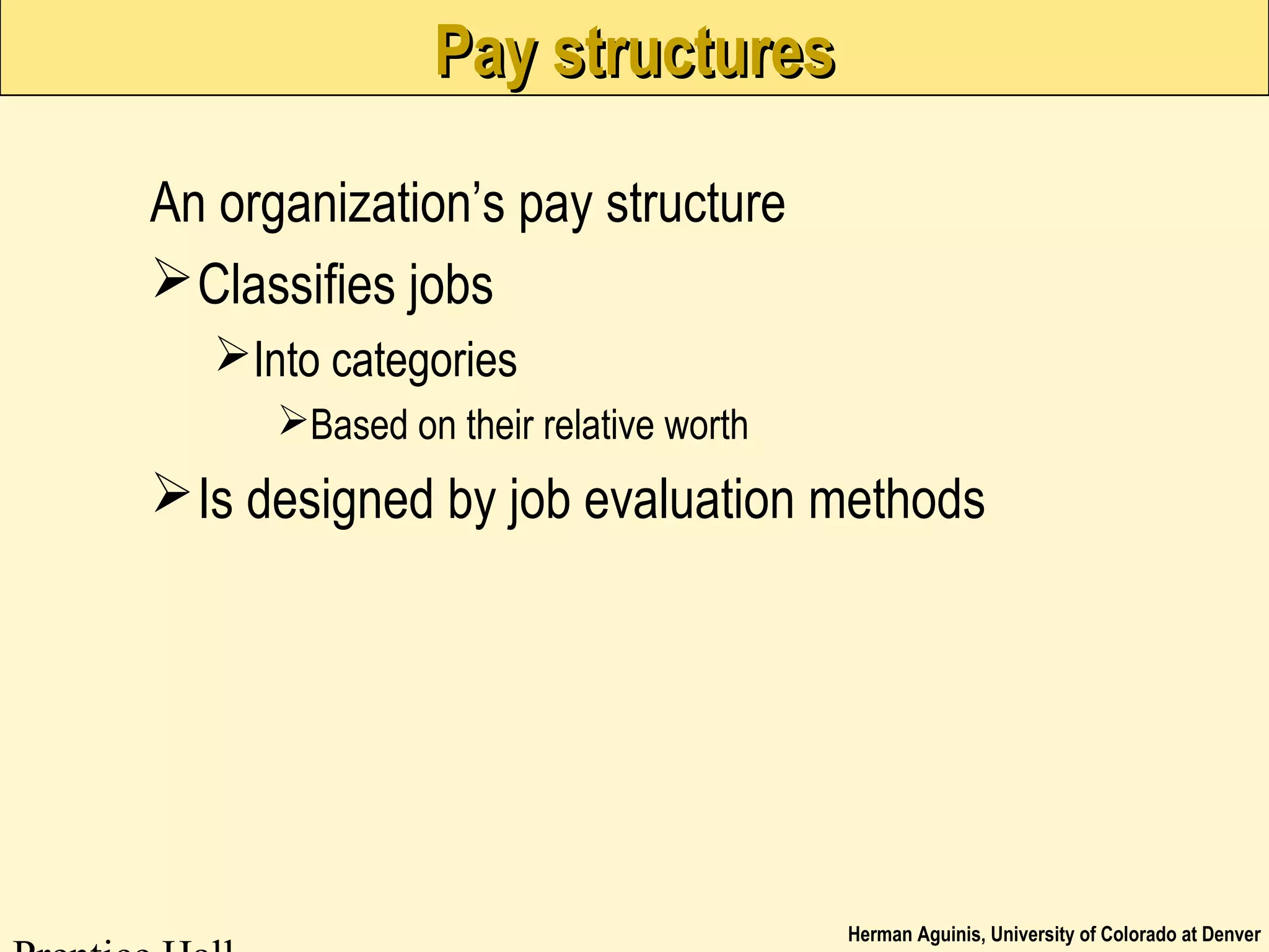 Herman Aguinis, University of Colorado at Denver
Pay structuresPay structures
An organization’s pay structure
Classifies jobs
Into categories
Based on their relative worth
Is designed by job evaluation methods
 