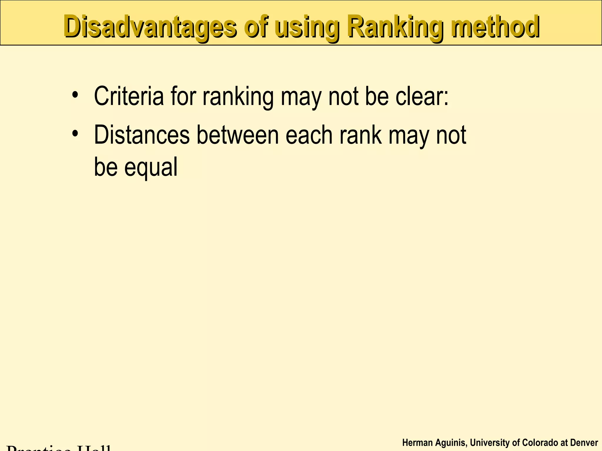 Herman Aguinis, University of Colorado at Denver
Disadvantages of using Ranking methodDisadvantages of using Ranking method
• Criteria for ranking may not be clear:
• Distances between each rank may not
be equal
 
