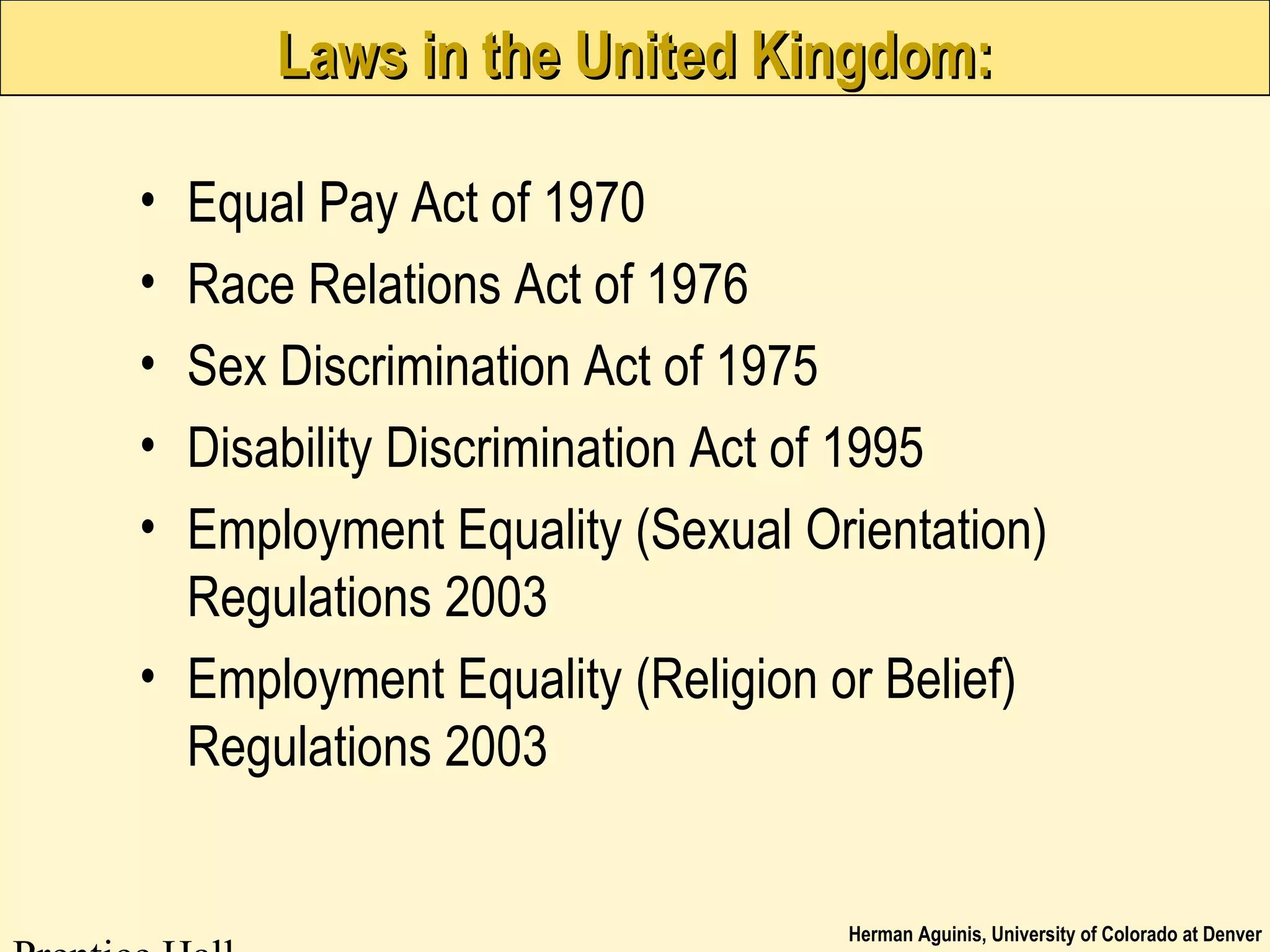 Herman Aguinis, University of Colorado at Denver
Laws in the United Kingdom:Laws in the United Kingdom:
• Equal Pay Act of 1970
• Race Relations Act of 1976
• Sex Discrimination Act of 1975
• Disability Discrimination Act of 1995
• Employment Equality (Sexual Orientation)
Regulations 2003
• Employment Equality (Religion or Belief)
Regulations 2003
 
