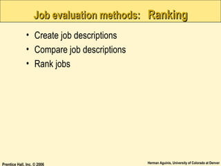Job evaluation methods: Ranking
• Create job descriptions
• Compare job descriptions
• Rank jobs

Prentice Hall, Inc. © 2006

Herman Aguinis, University of Colorado at Denver

 