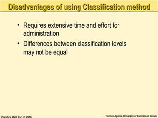 Disadvantages of using Classification method
• Requires extensive time and effort for
administration
• Differences between classification levels
may not be equal

Prentice Hall, Inc. © 2006

Herman Aguinis, University of Colorado at Denver

 