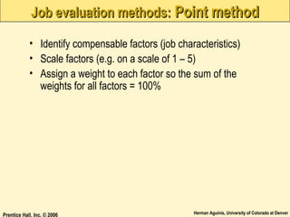 Job evaluation methods: Point method
• Identify compensable factors (job characteristics)
• Scale factors (e.g. on a scale of 1 – 5)
• Assign a weight to each factor so the sum of the
weights for all factors = 100%

Prentice Hall, Inc. © 2006

Herman Aguinis, University of Colorado at Denver

 