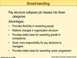 Broad-banding:
Pay structure collapses job classes into fewer
categories
Advantages:
•
•
•
•
•

Provides flexibility in rewarding people
Reflects changes in organization structure
Provides better base for rewarding growth in
competence
Gives more responsibility for pay decisions to
managers
Provides better basis for rewarding career progression

Prentice Hall, Inc. © 2006

Herman Aguinis, University of Colorado at Denver

 