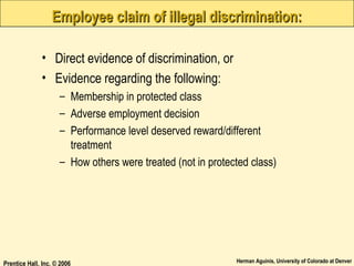 Employee claim of illegal discrimination:
• Direct evidence of discrimination, or
• Evidence regarding the following:
– Membership in protected class
– Adverse employment decision
– Performance level deserved reward/different
treatment
– How others were treated (not in protected class)

Prentice Hall, Inc. © 2006

Herman Aguinis, University of Colorado at Denver

 