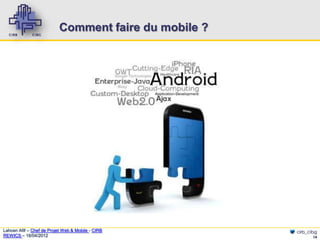 Comment faire du mobile ?




Lahcen Afif – Chef de Projet Web & Mobile - CIRB       cirb_cibg
REWICS – 18/04/2012                                           14
 