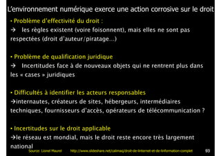 L’environnement numérique exerce une action corrosive sur le droit
• Problème d’effectivité du droit :
! les règles existent (voire foisonnent), mais elles ne sont pas
respectées (droit d’auteur/piratage…)
!
• Problème de qualification juridique
! Incertitudes face à de nouveaux objets qui ne rentrent plus dans
les « cases » juridiques
!
• Difficultés à identifier les acteurs responsables
!internautes, créateurs de sites, hébergeurs, intermédiaires
techniques, fournisseurs d’accès, opérateurs de télécommunication ?
!
• Incertitudes sur le droit applicable
!le réseau est mondial, mais le droit reste encore très largement
national
!93Source: Lionel Maurel http://www.slideshare.net/calimaq/droit-de-linternet-et-de-linformation-complet
 