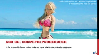 In the foreseeable future, certain looks can come only through cosmetic procedures
ADD ON: COSMETIC PROCEDURES
Valeria Lukyanova, an Ukranian singer/model,
is often called the “real life Barbie”
 
