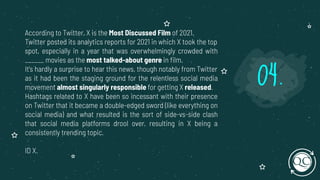 According to Twitter, X is the Most Discussed Film of 2021.
Twitter posted its analytics reports for 2021 in which X took the top
spot, especially in a year that was overwhelmingly crowded with
______ movies as the most talked-about genre in ﬁlm.
It's hardly a surprise to hear this news, though notably from Twitter
as it had been the staging ground for the relentless social media
movement almost singularly responsible for getting X released.
Hashtags related to X have been so incessant with their presence
on Twitter that it became a double-edged sword (like everything on
social media) and what resulted is the sort of side-vs-side clash
that social media platforms drool over, resulting in X being a
consistently trending topic.
ID X.
04.
 