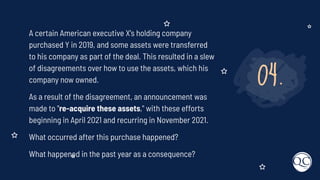 04.
A certain American executive X's holding company
purchased Y in 2019, and some assets were transferred
to his company as part of the deal. This resulted in a slew
of disagreements over how to use the assets, which his
company now owned.
As a result of the disagreement, an announcement was
made to "re-acquire these assets," with these efforts
beginning in April 2021 and recurring in November 2021.
What occurred after this purchase happened?
What happened in the past year as a consequence?
 
