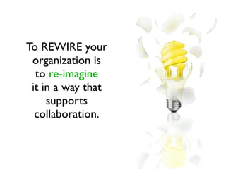 To REWIRE your
 organization is
  to re-imagine
 it in a way that
     supports
  collaboration.
 